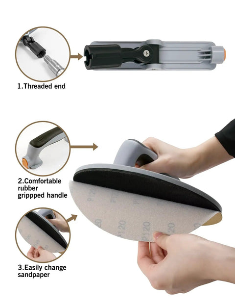 9 Inch Radial Drywall Sander Kit With Six Assorted Grit Sandpaper Discs, features ergonomic rubber handle for easy sandpaper changes.