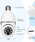 Wireless Security Camera With 5GHz And 2.4GHz WiFi HD Live View E27 Socket Spotlight Mount showing features and dimensions