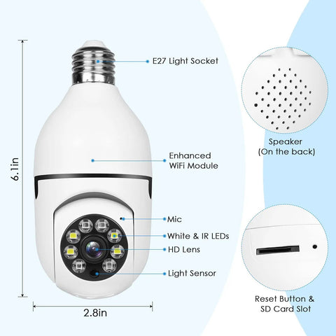 Wireless Security Camera With 5GHz And 2.4GHz WiFi HD Live View E27 Socket Spotlight Mount showing features and dimensions
