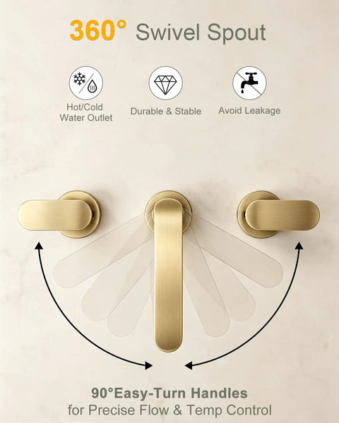 Top Shelf Brushed Gold 3 Hole 8 Inch Widespread Bathroom Sink Faucet Built Dang Solid For Zero Leak Reliability And Flows Smooth As Butter Straight Out The Box with 360° swivel spout and easy-turn handles.