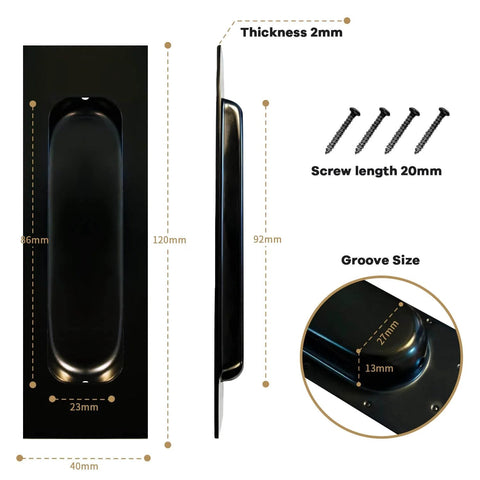 Matte Black Pocket Door Hardware With Recessed Flush Finger Pull, 304 Stainless Steel Sliding Door Handle dimensions, screws shown