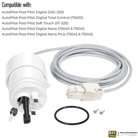 Three In One Tri Sensor Assembly With Attached Cable For AutoPilot Pool Pilot Salt Chlorinator Systems Keeps Salt Level Water Flow And Temperature In Check For Smooth Chlorination And Peak Efficiency. white sensor assembly with attached cable, O-ring, and screws
