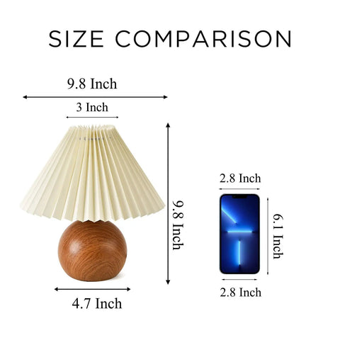 Size comparison of Cute Small Pleated Desk Lamp with Beige Shade, Modern Bedside Nightstand Light, and a smartphone.