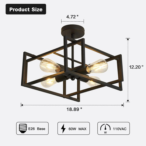 Four Light Black Industrial Flush Mount Ceiling Light Fixture For Kitchen Island And Dining Room Farmhouse Style dimensions