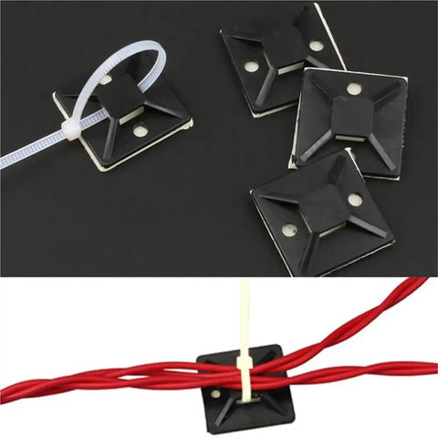Premium Heavy Hitter Adhesive Cable Tie Bases 400 Piece Pack Black self-stick wire mounts holding wires securely.