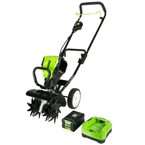 80V Cordless Cultivator With 10 Inch Tilling Width And 5 Inch Tilling Depth Includes 2Ah Battery And Charger Black And Green
