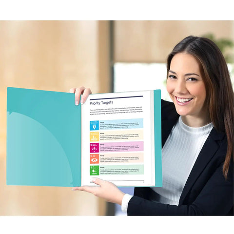 Person holding Meeting Ready 24-Pocket Presentation Binder For 8.5x11 Documents, 48 Page Capacity With Plastic Sleeves Aqua Portable Portfolio