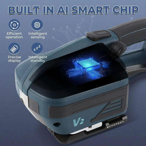 Heavy Duty Electric Strapping Machine Cordless Auto Welding Bander For Pallet Strapping No Sweat showing AI smart chip technology.