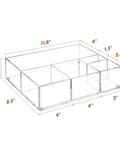 Dimensions of clear acrylic coffee station organizer for countertop and office breakroom with 5 compartments visible