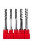 Solid Carbide End Mill With Three Flutes And U-Shaped Design For Aluminum Copper Plastic Wood Fiberglass High Feed Machining 14mm Diameter By 100mm Length Tungsten Steel Tool set with five end mills in red holders.
