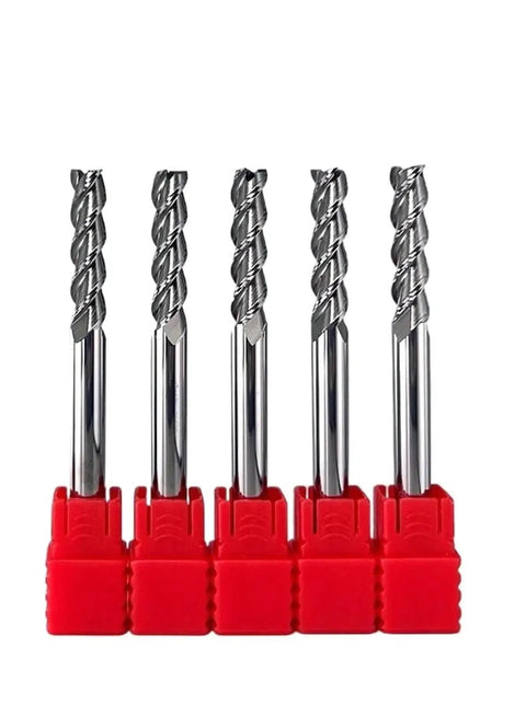 Solid Carbide End Mill With Three Flutes And U-Shaped Design For Aluminum Copper Plastic Wood Fiberglass High Feed Machining 14mm Diameter By 100mm Length Tungsten Steel Tool set with five end mills in red holders.