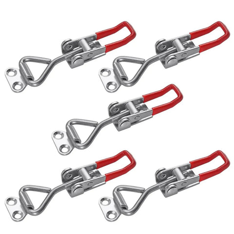 Five stainless steel toggle latch lock clamps with red handles for cabinets and doors. Ideal for home hardware security solutions.