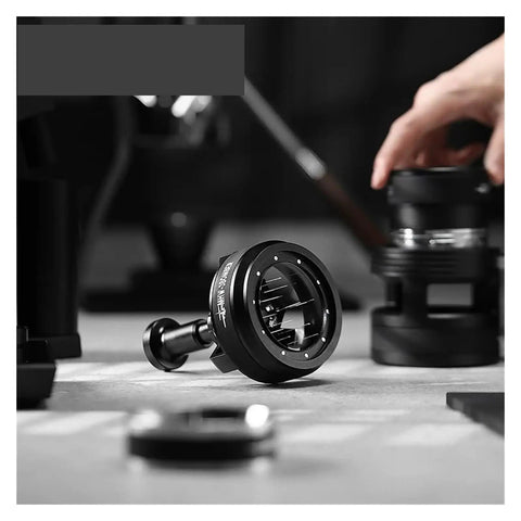 Pro Level 58mm Adjustable Espresso Puck Distribution Tool For Standard Portafilters Zero Mess Coffee Extraction Barista Game Changer Built Different Accessory Pack on countertop.