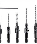 Five Piece Countersink Drill Bit Set With One Quarter Inch Hex Shank, Tapered Adjustable Depth Bits For Wood Metal And Plastic.