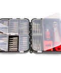 Solid 53 Piece Right Angle Screwdriver Set With S2 Bits And Mini Ratchet Includes Magnetic Extensions For Reaching Tough Spots Fast Plus Demagnetizer Tool For All Your Home Repair Vibes, open case
