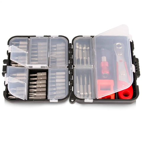 Solid 53 Piece Right Angle Screwdriver Set With S2 Bits And Mini Ratchet Includes Magnetic Extensions For Reaching Tough Spots Fast Plus Demagnetizer Tool For All Your Home Repair Vibes, open case