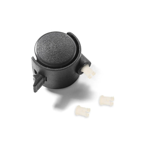 Close-up of a black swivel wheel caster with three white Plastic Caster Socket Inserts 10-Pack, Swivel Caster Stem Sleeves For Office Chair Feet.