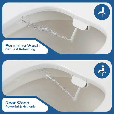Elongated Bidet Toilet Seat With Adjustable Water Pressure Self Cleaning Nozzles showcasing feminine and rear wash features.