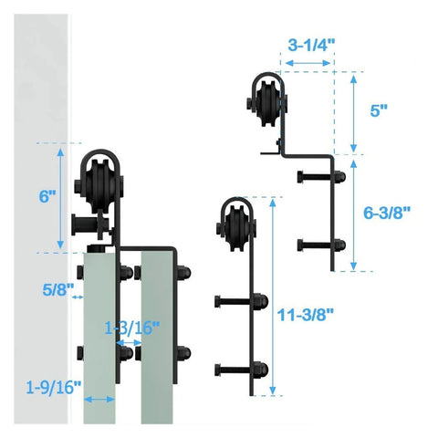Diagram showing installation measurements for Bypass Barn Door Hardware Kit With Sliding Track System For Double Doors 4 To 16 Feet Adjustable Length J Shaped Rollers Matte Black Steel Heavy Duty Rail And Pulleys Smooth Quiet Operation Supports Up To 220 Lbs.