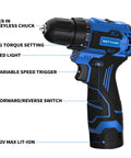 12V Cordless Drill Set With Brushless Motor 350 In Lb Torque And 1500 RPM Lightweight Workhorse For DIY Projects in blue with features labeled