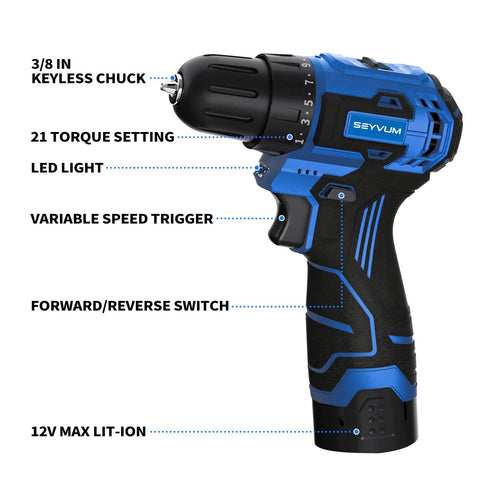 12V Cordless Drill Set With Brushless Motor 350 In Lb Torque And 1500 RPM Lightweight Workhorse For DIY Projects in blue with features labeled
