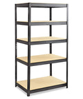 Heavy Duty Boltless Steel Shelving Unit For Garage Organization Featuring Straight Up Adjustable Particle Board Shelves With Hardcore 850 Pound Shelf Capacity, 5 tier storage unit in black.