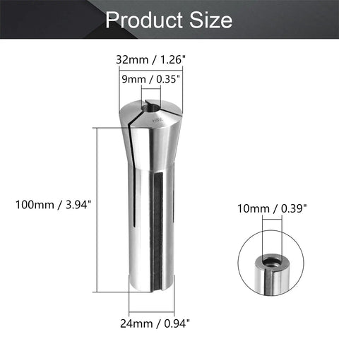 R8 Precision Round Spring Collet Set for Milling Machines 3/8 Inch Clamp, M12 Tail Thread size details with dimensions