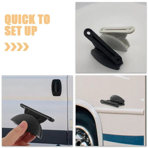 Sturdy Nylon RV Door Catch Holders For Motorhomes Trailers Camper Van Retainers showing black and white clips on a camper surface.