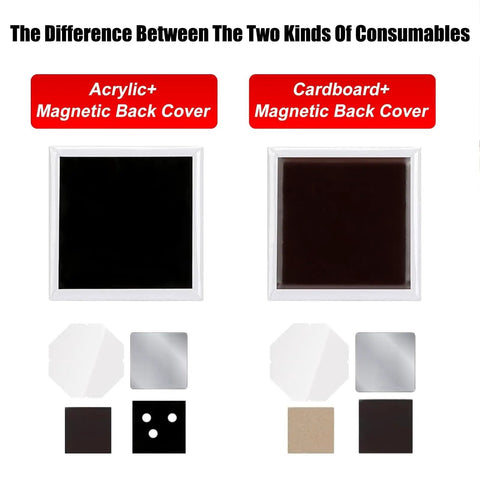 Comparison of acrylic and cardboard magnetic back covers in DIY Photo Fridge Magnet Supplies Kit, Square Magnetic Maker Set.