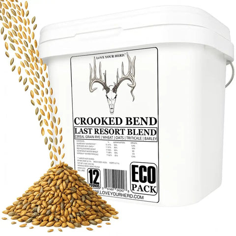 Last Resort Blend 12 Lb EcoPack Winter Deer Food Plot Seed Mix With Rye, Wheat, Barley, Triticale And Oats container and seeds