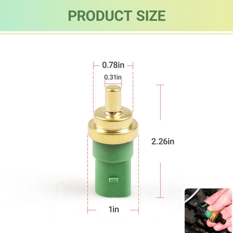 YYTQP engine coolant temperature sensor, brass top and green plastic housing (front view)