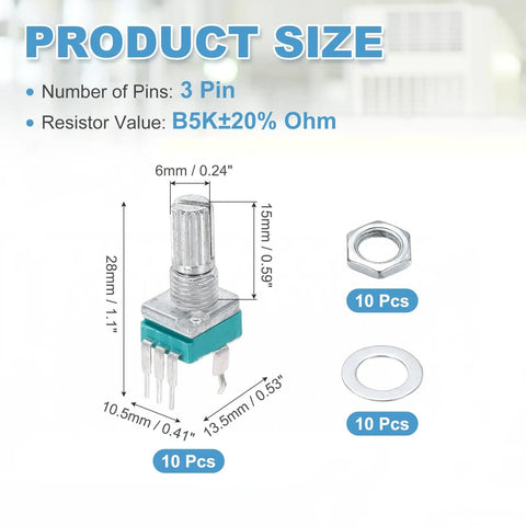 RK097N B5K 3Pin Sealed Linear Rotary Potentiometer dimensions and components display