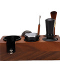 Real Deal 58mm Espresso Tamper Set With Solid Wood Station, tools and brush in organized wooden holder.