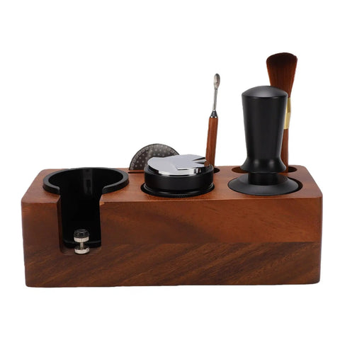 Real Deal 58mm Espresso Tamper Set With Solid Wood Station, tools and brush in organized wooden holder.