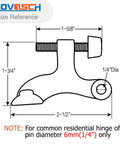 KOVOSCH hinge-pin door stopper side-view diagram; 2-1/2" long, 1/4" pin diameter, white bumper tips.