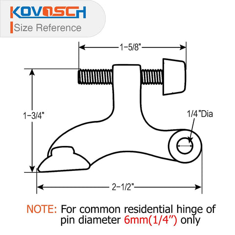 KOVOSCH hinge-pin door stopper side-view diagram; 2-1/2" long, 1/4" pin diameter, white bumper tips.
