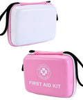Small hard-shell first aid kit, pink and white dual-color exterior with a carrying handle and FIRST AID KIT print