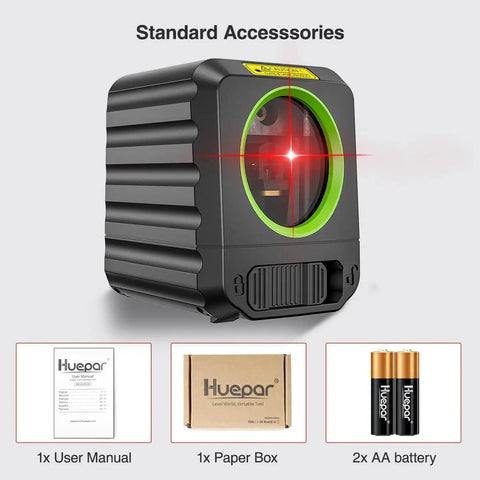 Red Cross Line Laser Level For Picture Hanging And Tile Work, 100 Foot Range, High Brightness Beams displayed with accessories