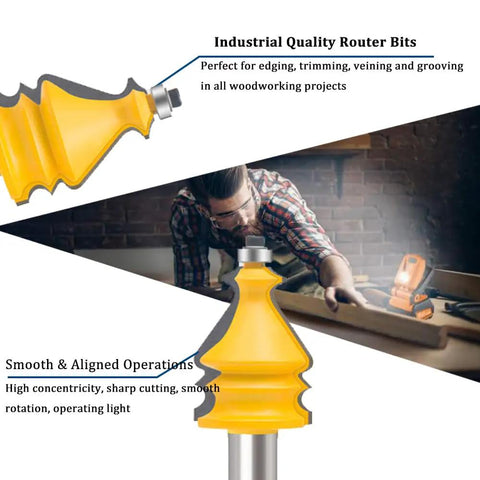 Workhorse One Half Inch Shank Router Bit Set, 10 Pc Woodworking Carbide Cutters in use by woodworker in workshop
