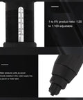 Close-up of adjustable water powered fertilizer injector for drip irrigation, showing measurement scale and G3/4 male thread.