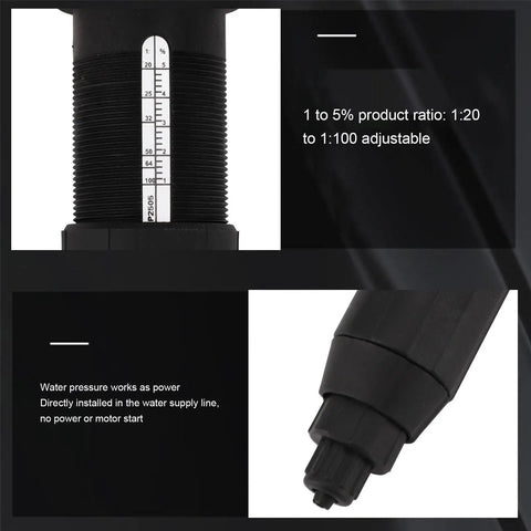 Close-up of adjustable water powered fertilizer injector for drip irrigation, showing measurement scale and G3/4 male thread.