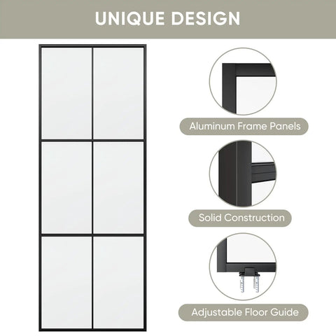 Heavy Duty Three Panel Sliding Barn Door With Crisp Tempered Glass And Dark Aluminum Frame Modern French Look Straight Up Built To Last Dead Simple Setup Without Any Hardware Smooth Slide showing aluminum frame and glass design.