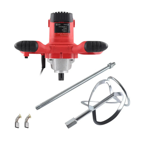 Beast Electric Handheld Cement Mixer 2100W Concrete Paint Drill shown with mixing paddle and spare brushes