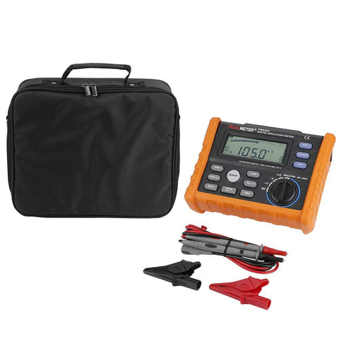 Pro Grade Digital Insulation Tester And Megohmmeter with Analog Display, 0.01 MOhm To 100 GOhm Range, 2500 V shown with case and cables.