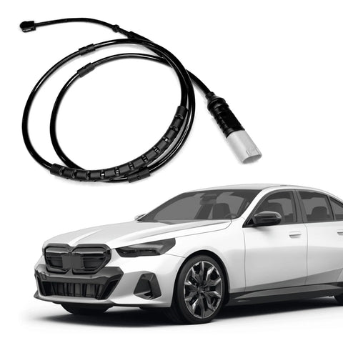 Brake pad wear sensor cable for BMW; black wiring harness and white BMW sedan shown
