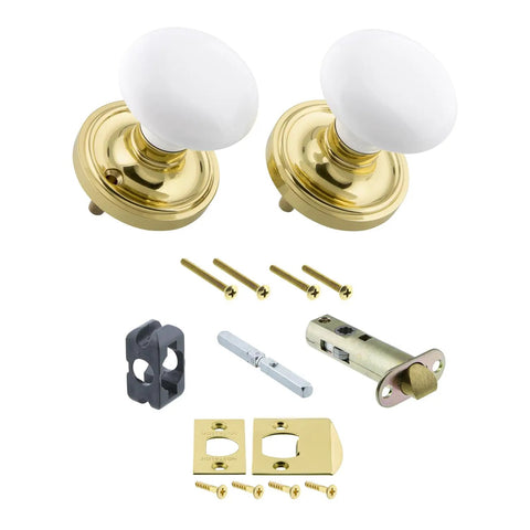 Porcelain Door Knob Set With Classic Rosette For Hallways And Closets, white ceramic knobs, polished brass finish, passage hardware