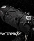 Built To Last Bikepacking Handlebar Bag 7 To 14 Liter Waterproof Dry Pack for MTB and Road Bikes shown on bike under rain