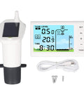 Water Level Sensor With Digital Display For Home Use Ultrasonic Liquid Level Monitor With High And Low Alarms Cordless Receiver Transmitter Up To 100m Range Pumps Auto Shutoff Temperature Change Monitoring And Leak Prevention No Fuss Setup. Image showing white transmitter, digital display, cord, and screws