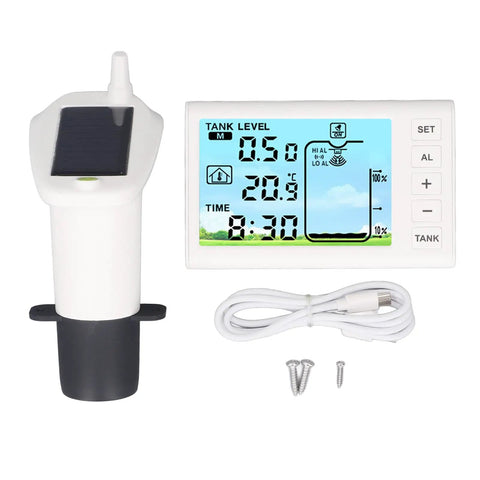 Smart Ultrasonic Water Level Sensor For Home Use Cordless Liquid Level Detector with digital display and accessories.