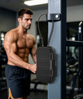 Portable Safe Box With Combo Lock attached to gym equipment, showcasing its waterproof anti theft security, mini travel safe size, and removable chain.